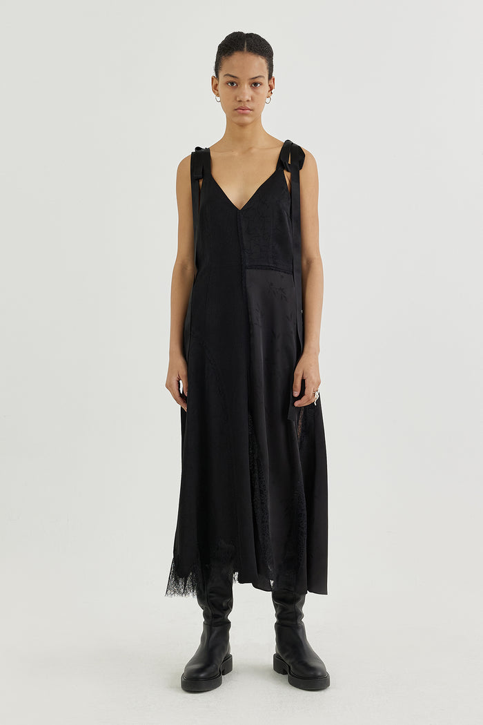 Goen.j Plunge-back Lace-insert Slip Dress BLACK