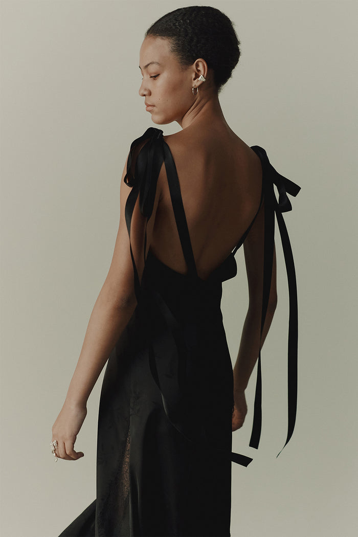 goen.j Plunge-back lace-insert slip dress BLACK