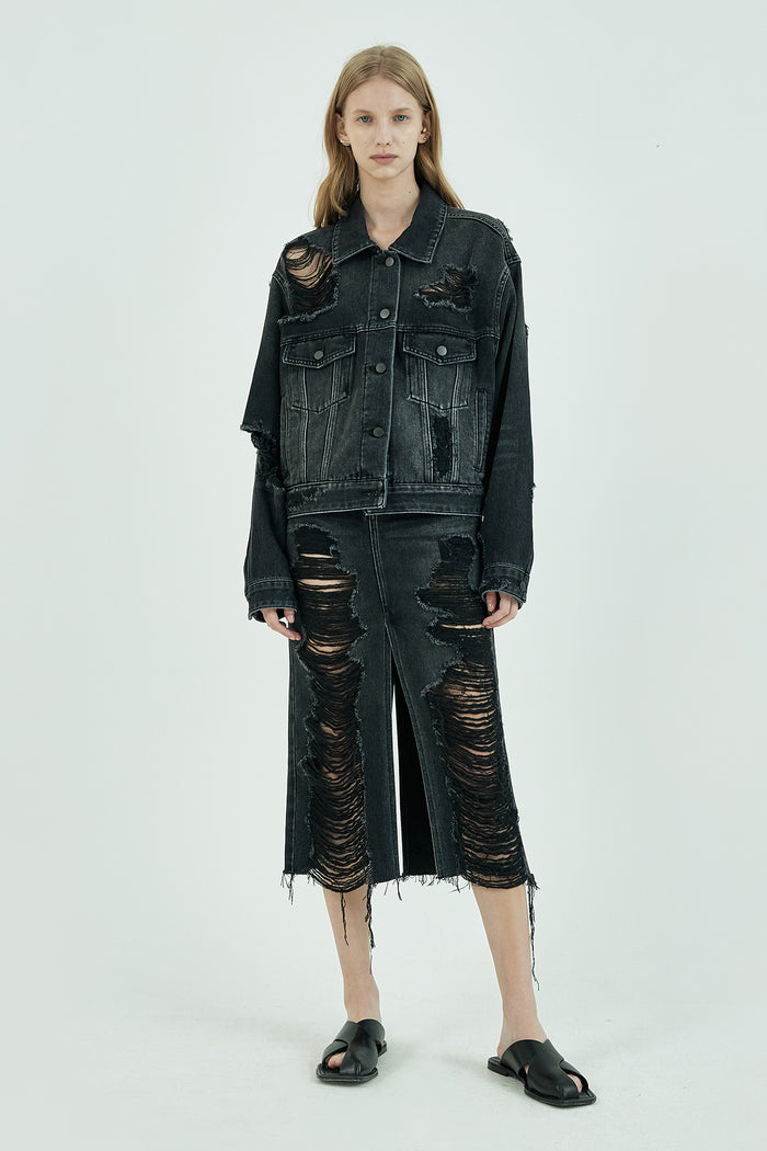 Goen.j Ribbed Denim Jacket STONEWASH BLACK