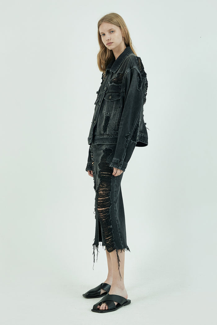 Goen.j Ribbed Denim Jacket STONEWASH BLACK