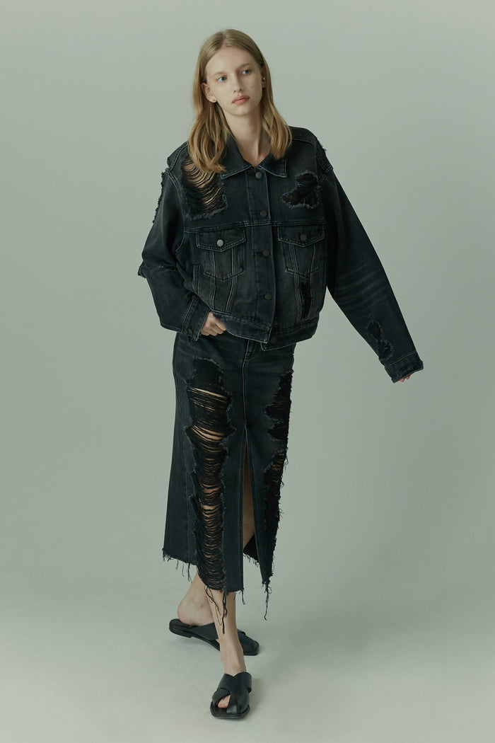 goen.j Ribbed denim jacket STONEWASH BLACK