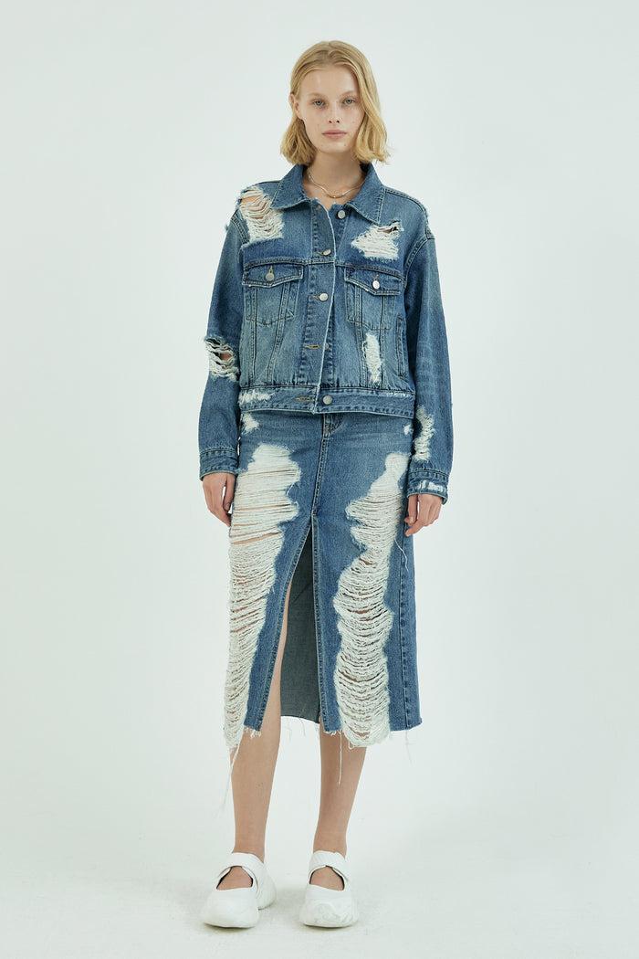 Goen.j Ribbed Denim Jacket STONEWASH BLUE