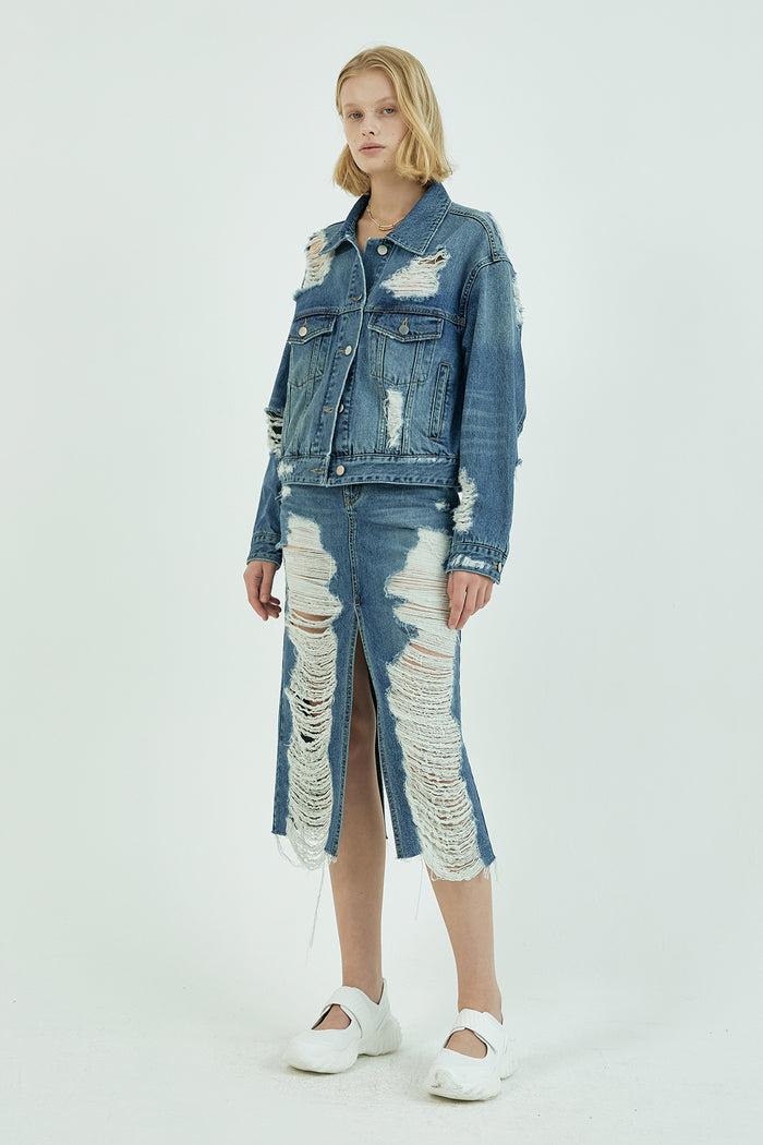 Goen.j Ribbed Denim Jacket STONEWASH BLUE