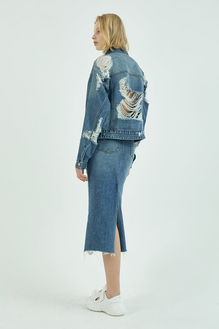 Goen.j Ribbed Denim Jacket STONEWASH BLUE