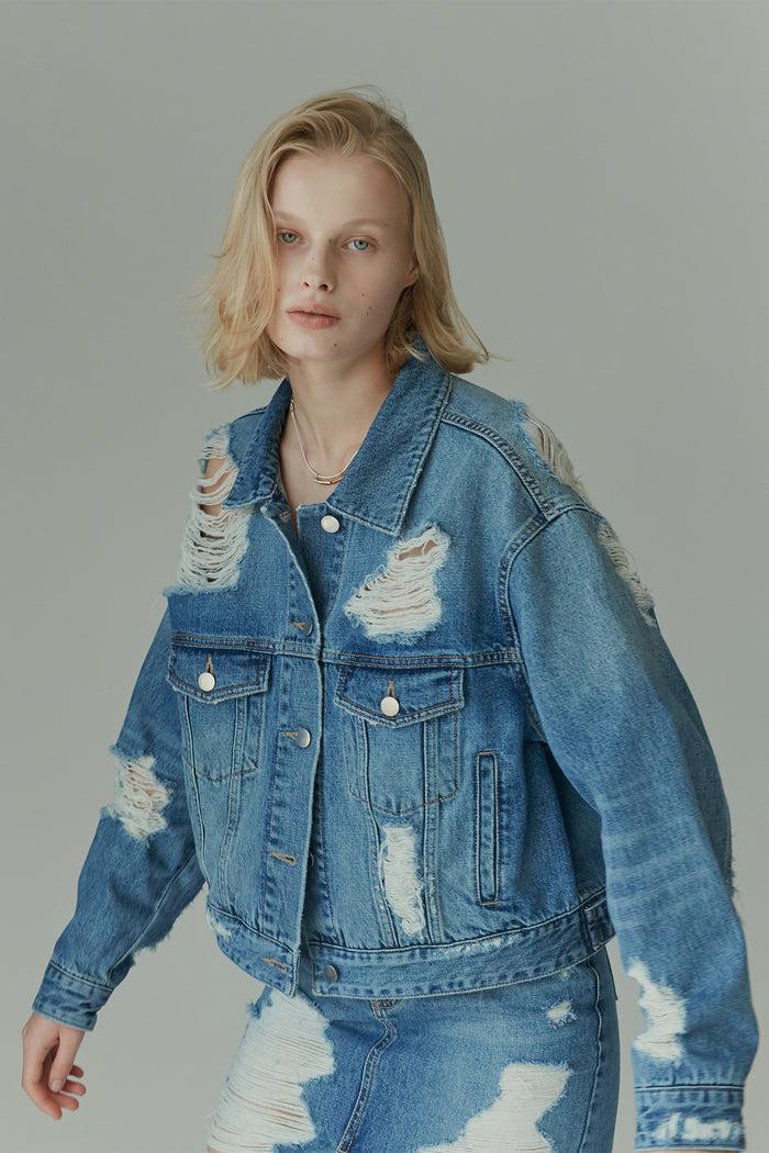 goen.j Ribbed denim jacket STONEWASH BLUE