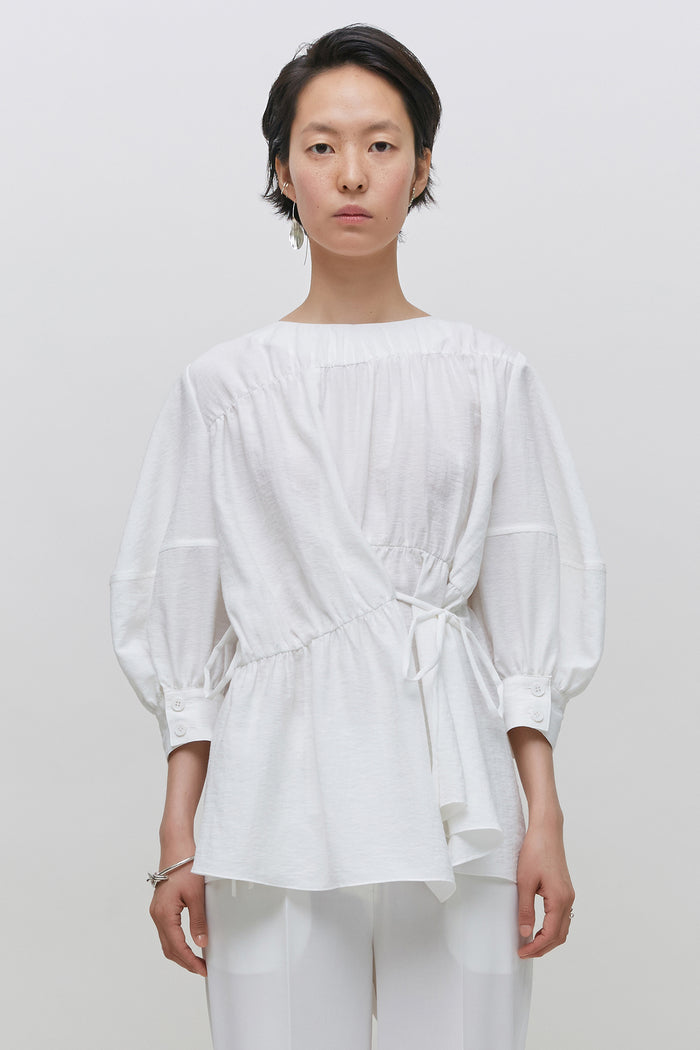 Goen.j Ruched Paneled Balloon Sleeve Top IVORY