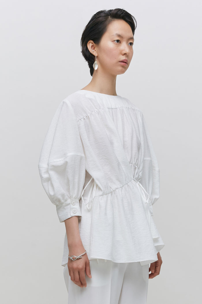 Goen.j Ruched Paneled Balloon Sleeve Top IVORY