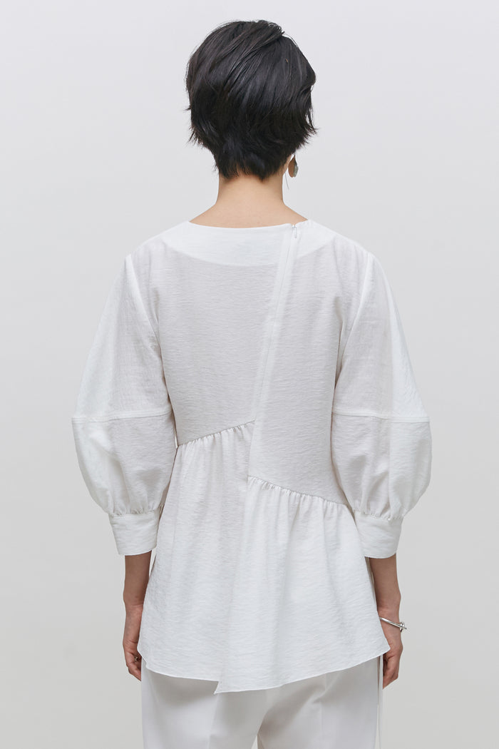 Goen.j Ruched Paneled Balloon Sleeve Top IVORY