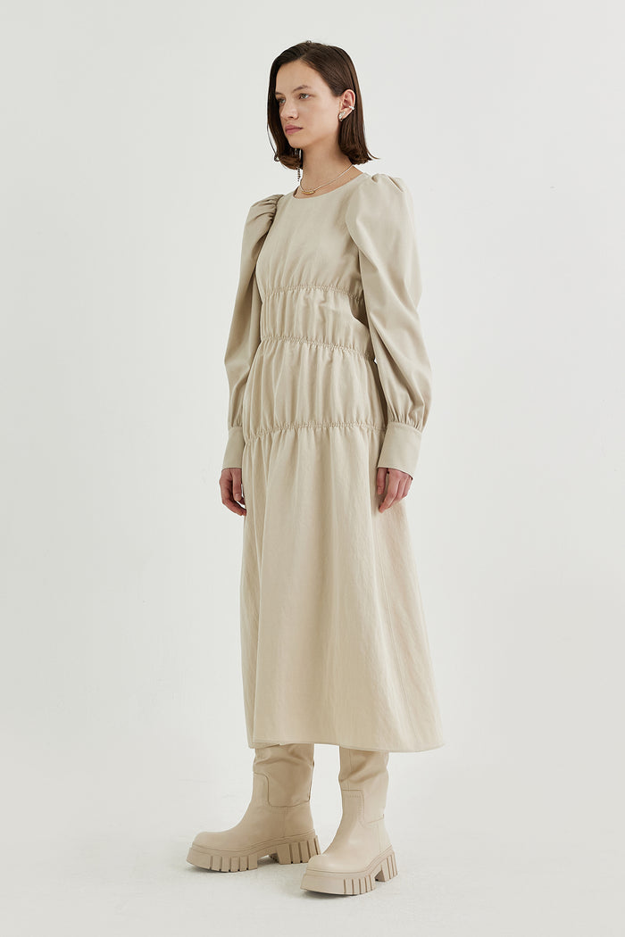 Goen.j Ruched Puffed-sleeve Midi Dress BEIGE