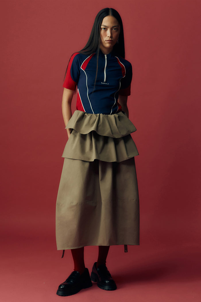 goen.j Ruffled detail midi skirt BEIGE