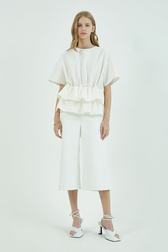 Goen.j Ruffled Peplum Cotton-blend Twill Top IVORY