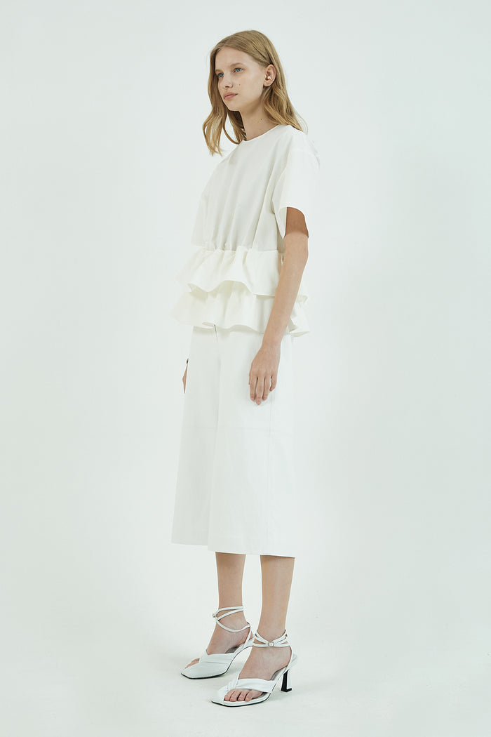 Goen.j Ruffled Peplum Cotton-blend Twill Top IVORY