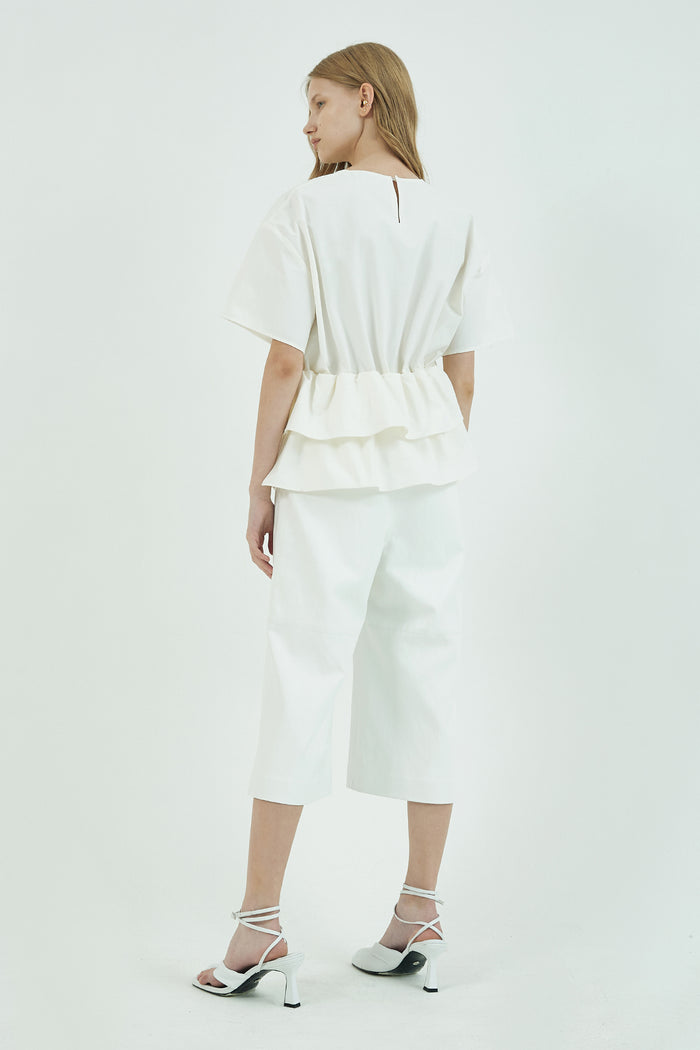 Goen.j Ruffled Peplum Cotton-blend Twill Top IVORY