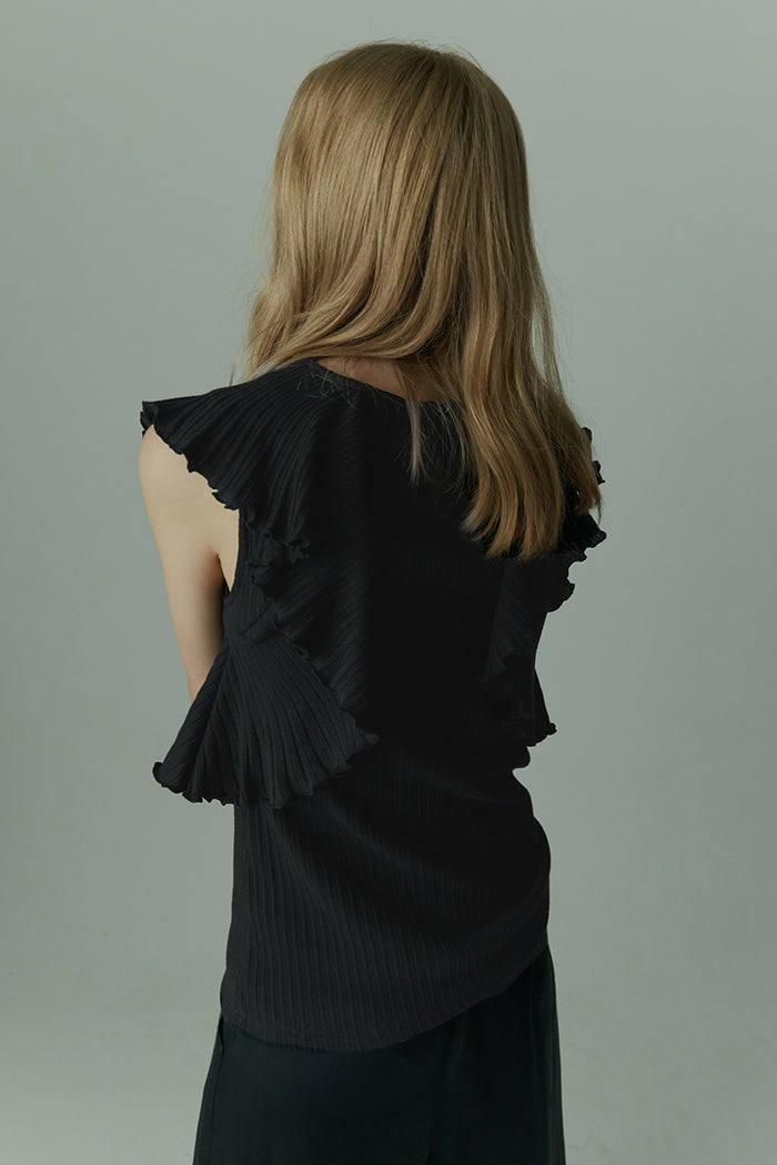goen.j Ruffled sleeves ribbed top BLACK