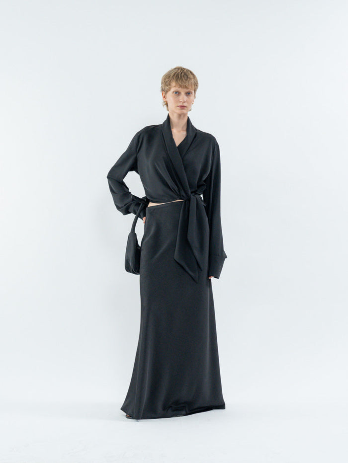 Goen.j Shawl Lapel Tie-Waist Blouse BLACK