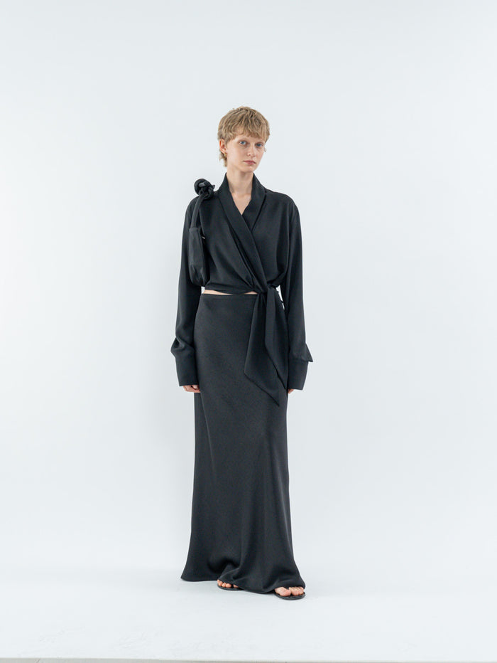 Goen.j Shawl Lapel Tie-Waist Blouse BLACK