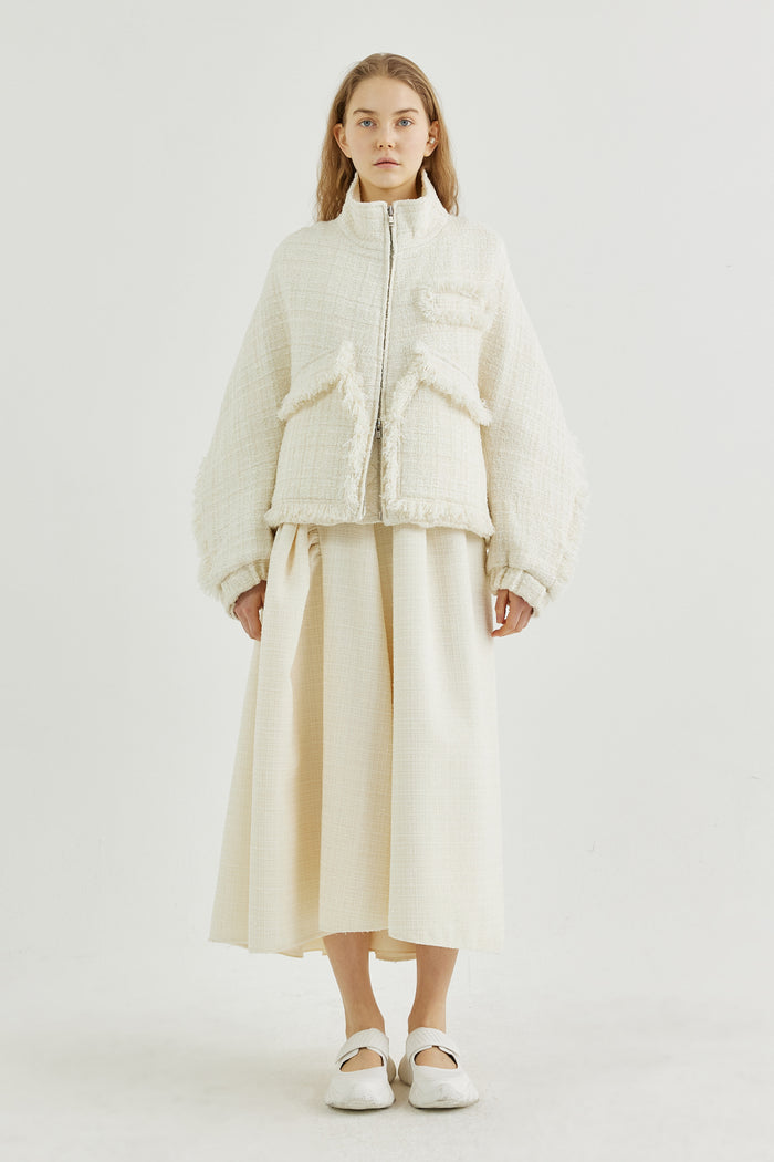 Goen.j Stand-collar Tweed Bomber Jacket CREAM