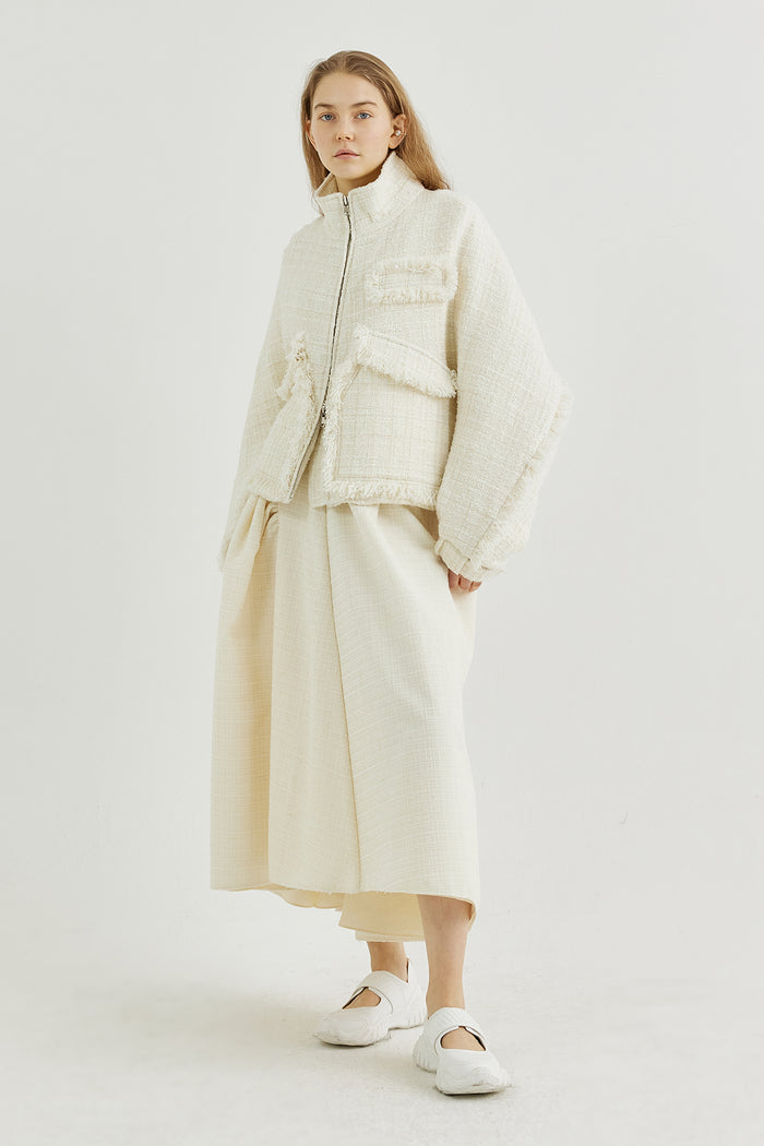Goen.j Stand-collar Tweed Bomber Jacket CREAM
