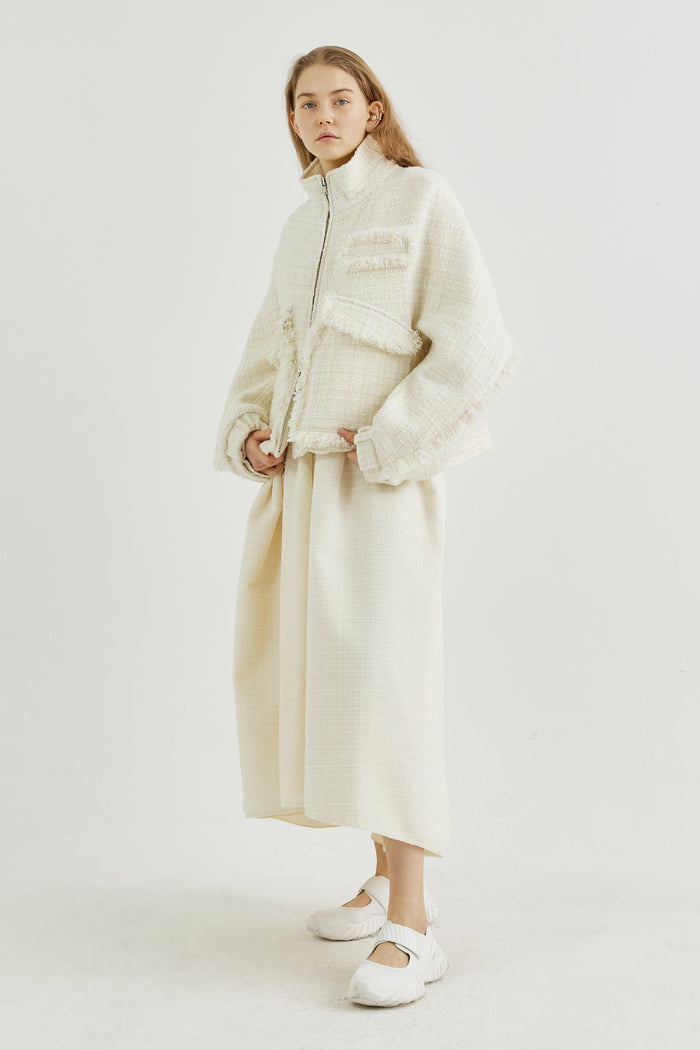 Goen.j Stand-collar Tweed Bomber Jacket CREAM