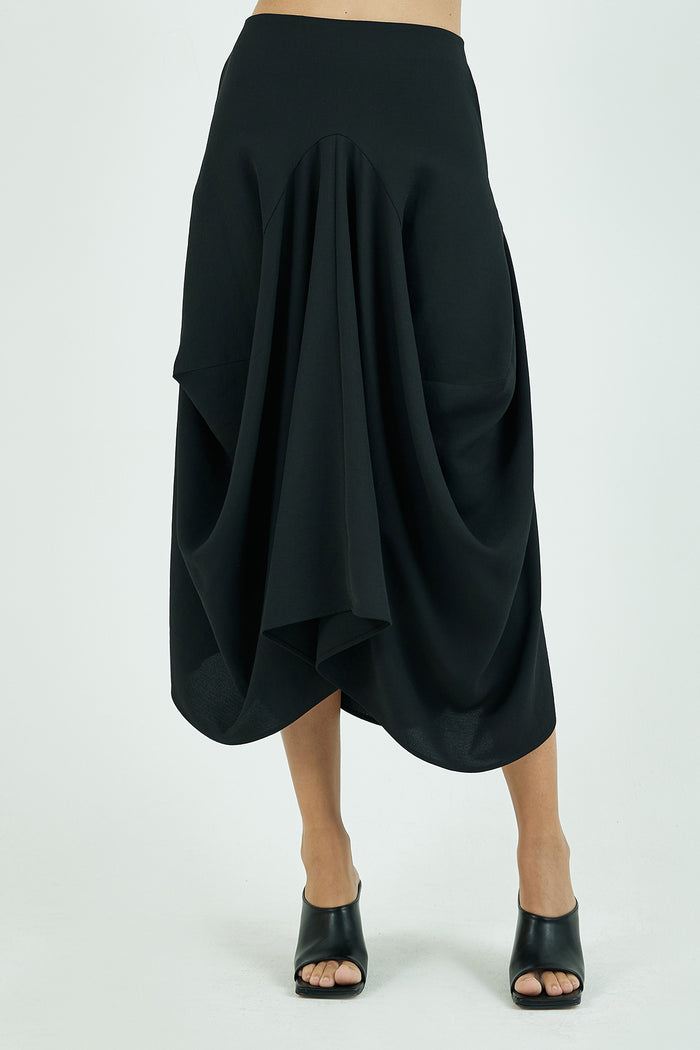 Goen.j Structured Draping Crepe Midi Skirt BLACK