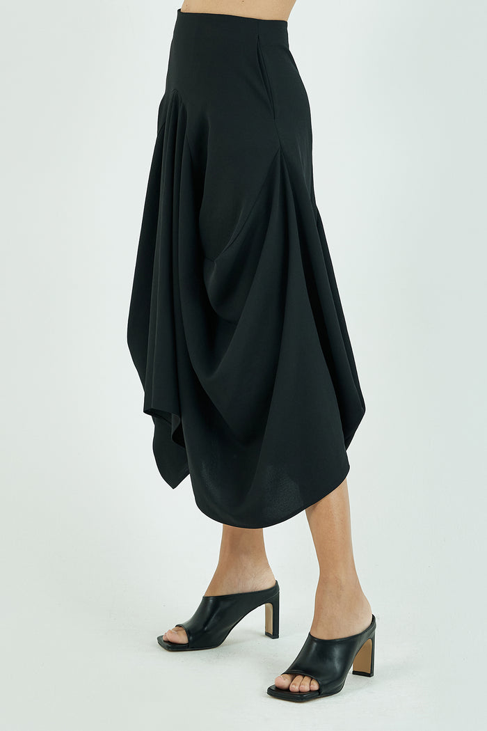 Goen.j Structured Draping Crepe Midi Skirt BLACK