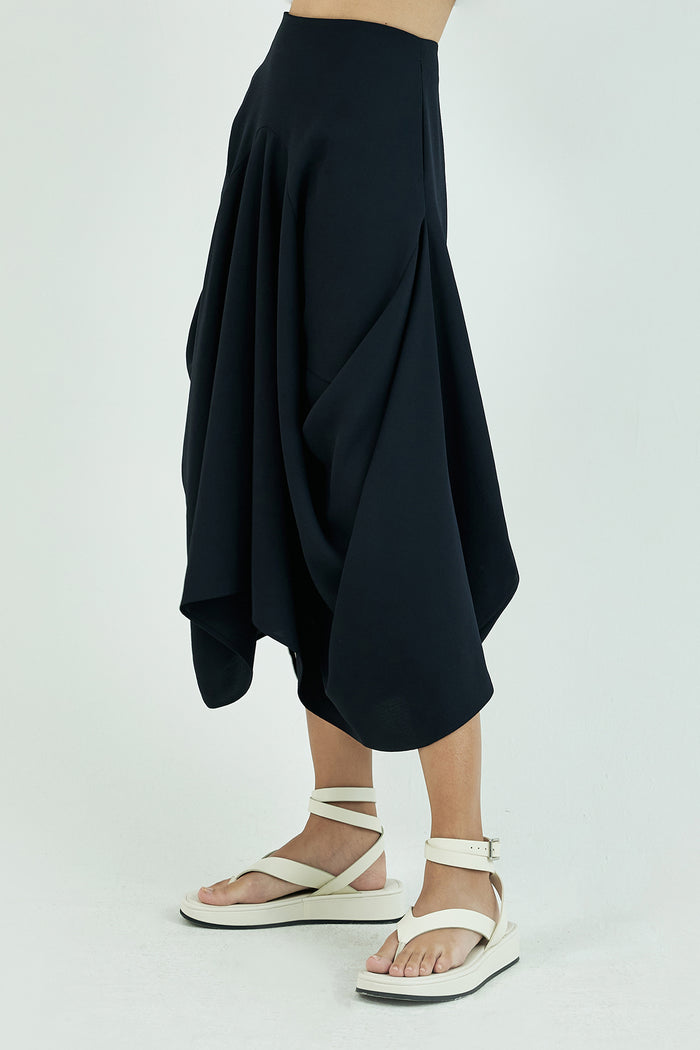 Goen.j Structured Draping Crepe Midi Skirt NAVY