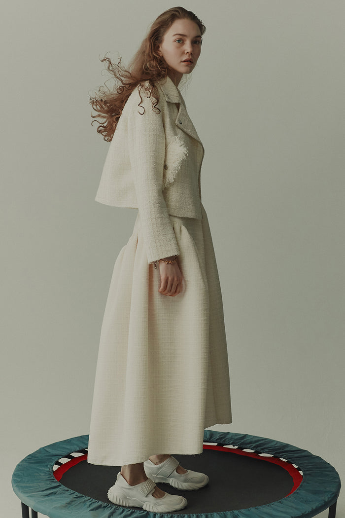 Goen.j Tweed Ruched Tulle Midi Skirt CREAM