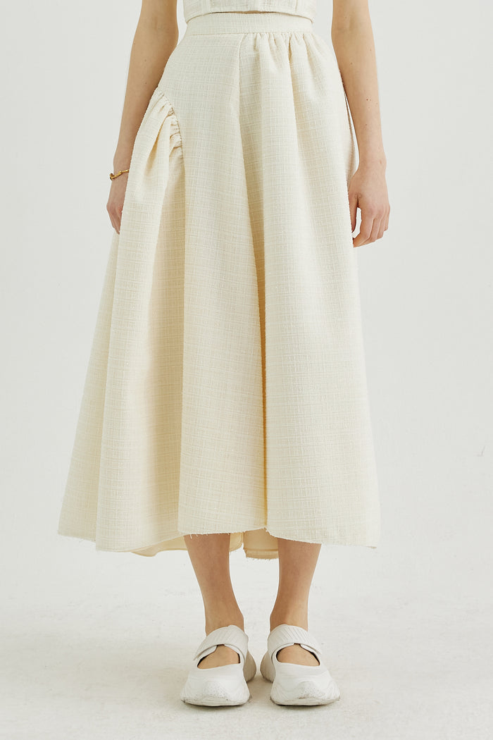 Goen.j Tweed Ruched Tulle Midi Skirt CREAM