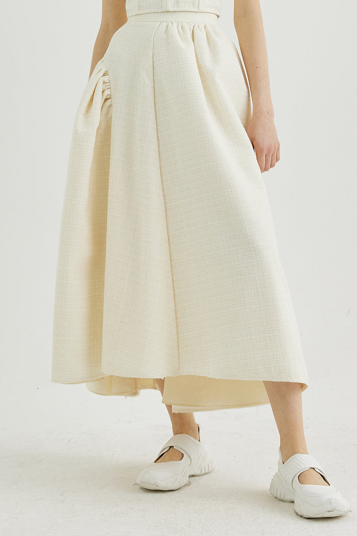 Goen.j Tweed Ruched Tulle Midi Skirt CREAM