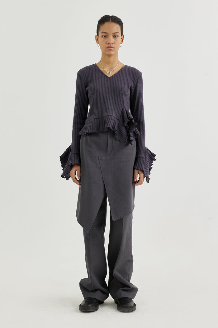 Goen.j V-neck Ruffled Peplum Ribbed Top CHARCOAL