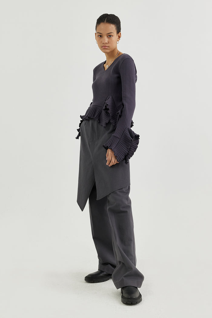 Goen.j V-neck Ruffled Peplum Ribbed Top CHARCOAL