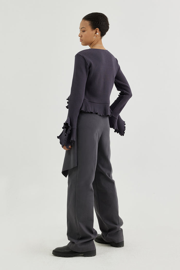 Goen.j V-neck Ruffled Peplum Ribbed Top CHARCOAL