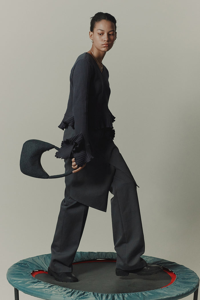 goen.j V-neck ruffled peplum ribbed top CHARCOAL goen.j V-neck ruffled peplum ribbed top CHARCOAL