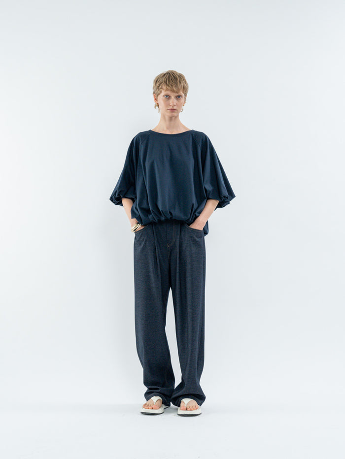 Goen.j Voluminous Balloon-Sleeve Cotton Top NAVY
