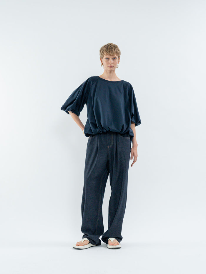 Goen.j Voluminous Balloon-Sleeve Cotton Top NAVY