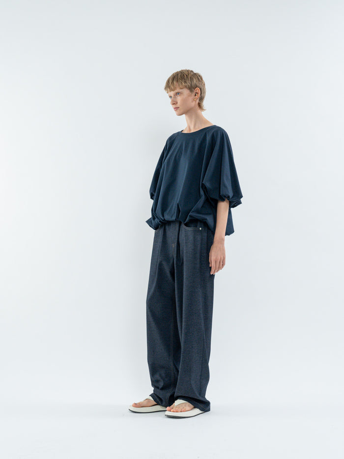 Goen.j Voluminous Balloon-Sleeve Cotton Top NAVY