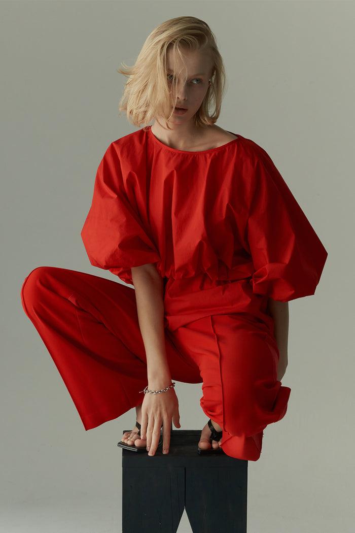 goen.j Voluminous shape cotton-poplin top RED