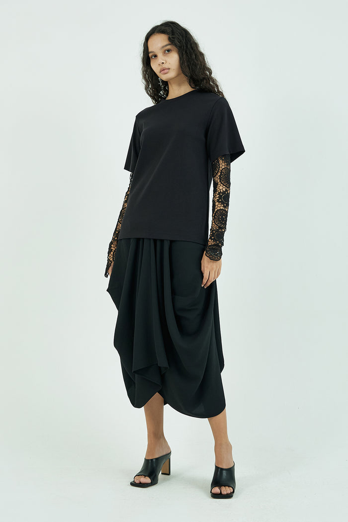 Goen.j Guipure-lace Sleeves Overlay Cotton-jersey Top BLACK