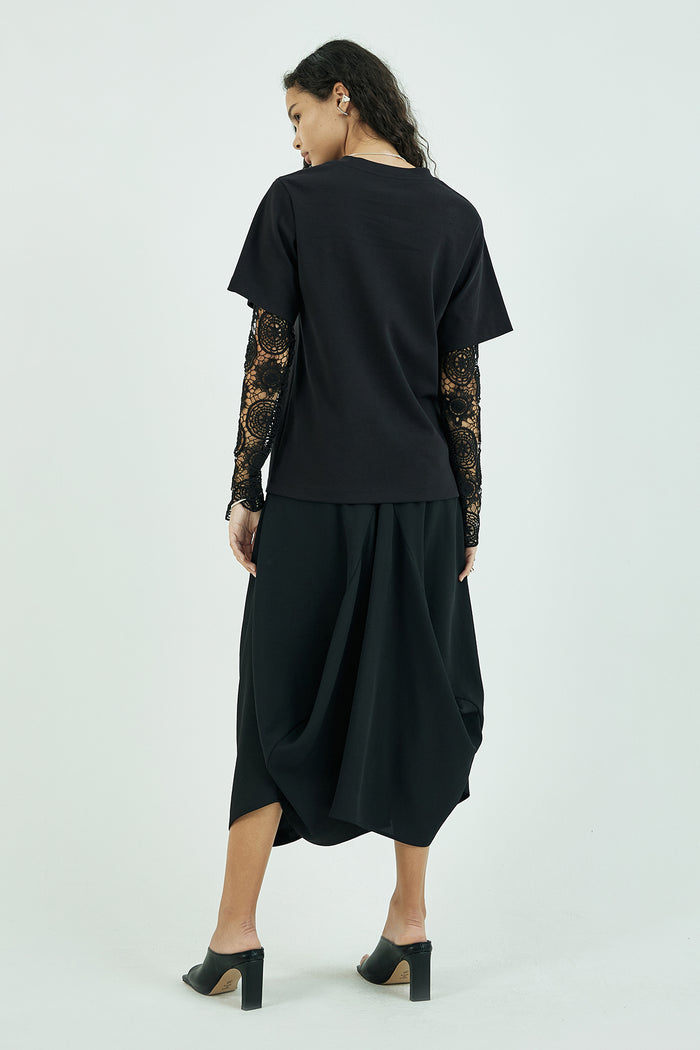 Goen.j Guipure-lace Sleeves Overlay Cotton-jersey Top BLACK
