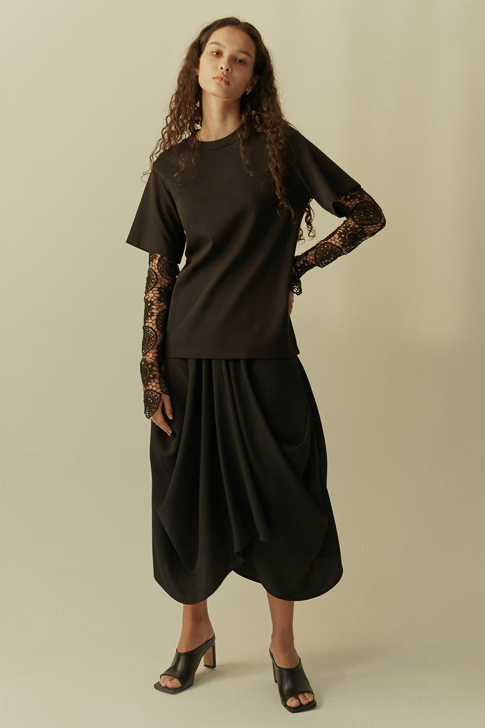 goen.j Guipure-lace sleeves overlay cotton-jersey top BLACK