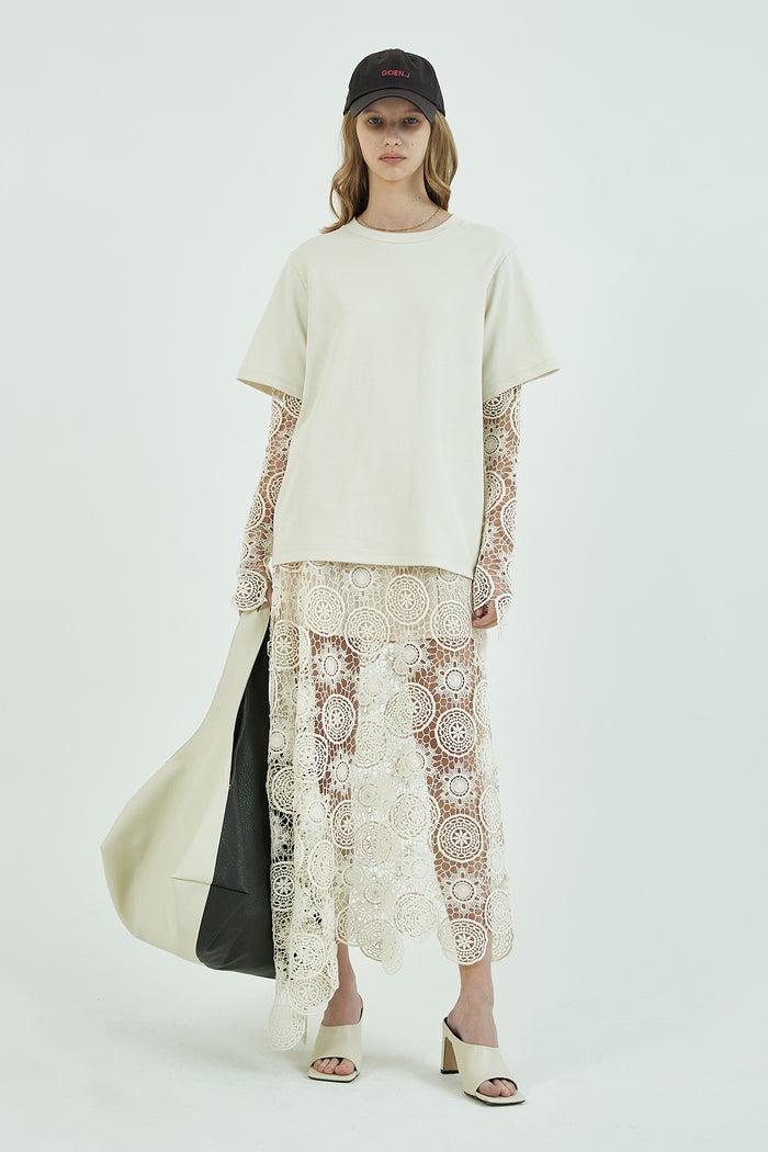 Goen.j Guipure-lace Sleeves Overlay Cotton-jersey Top CREAM
