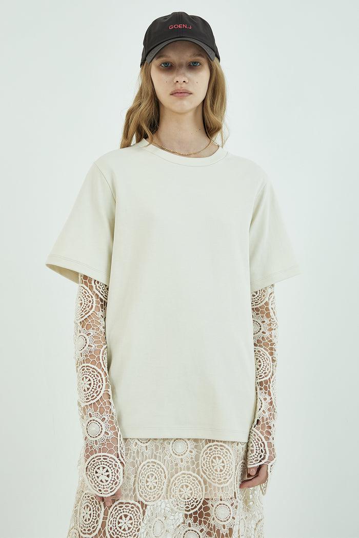 Goen.j Guipure-lace Sleeves Overlay Cotton-jersey Top CREAM