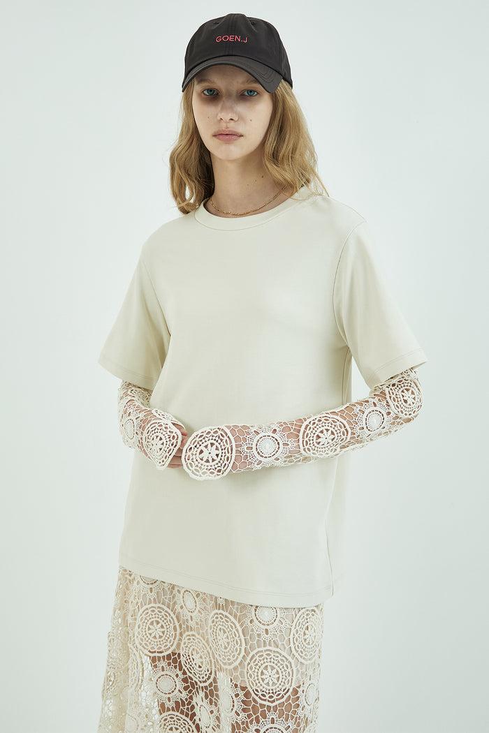 Goen.j Guipure-lace Sleeves Overlay Cotton-jersey Top CREAM