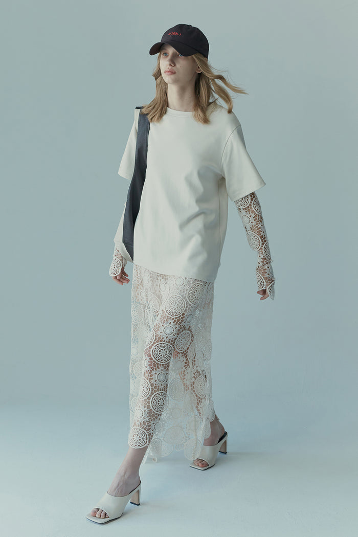 goen.j Guipure-lace sleeves overlay cotton-jersey top CREAM
