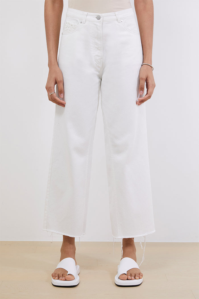 Goen.j High-rise Cotton Wide-leg Jeans With Lace Patch Pocket IVORY
