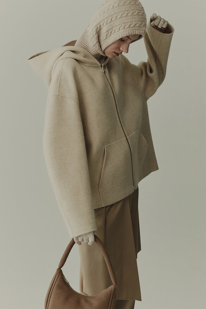 goen.j Hooded double-faced wool zip-up jacket BUTTER