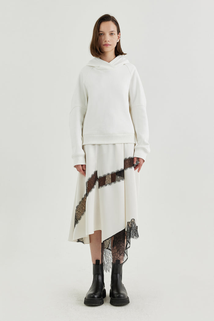 Goen.j Hooded Dress With An Overlay Of Lace-trimmed Charmeuse Skirt IVORY