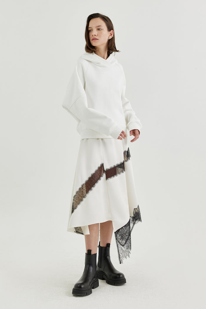 Goen.j Hooded Dress With An Overlay Of Lace-trimmed Charmeuse Skirt IVORY