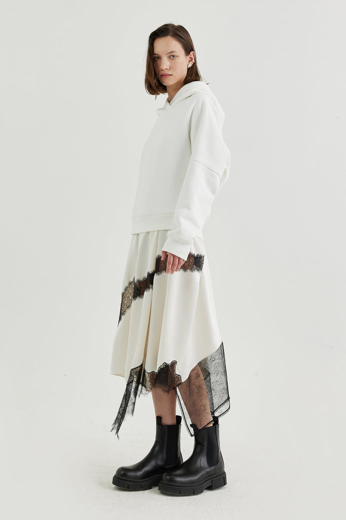 Goen.j Hooded Dress With An Overlay Of Lace-trimmed Charmeuse Skirt IVORY