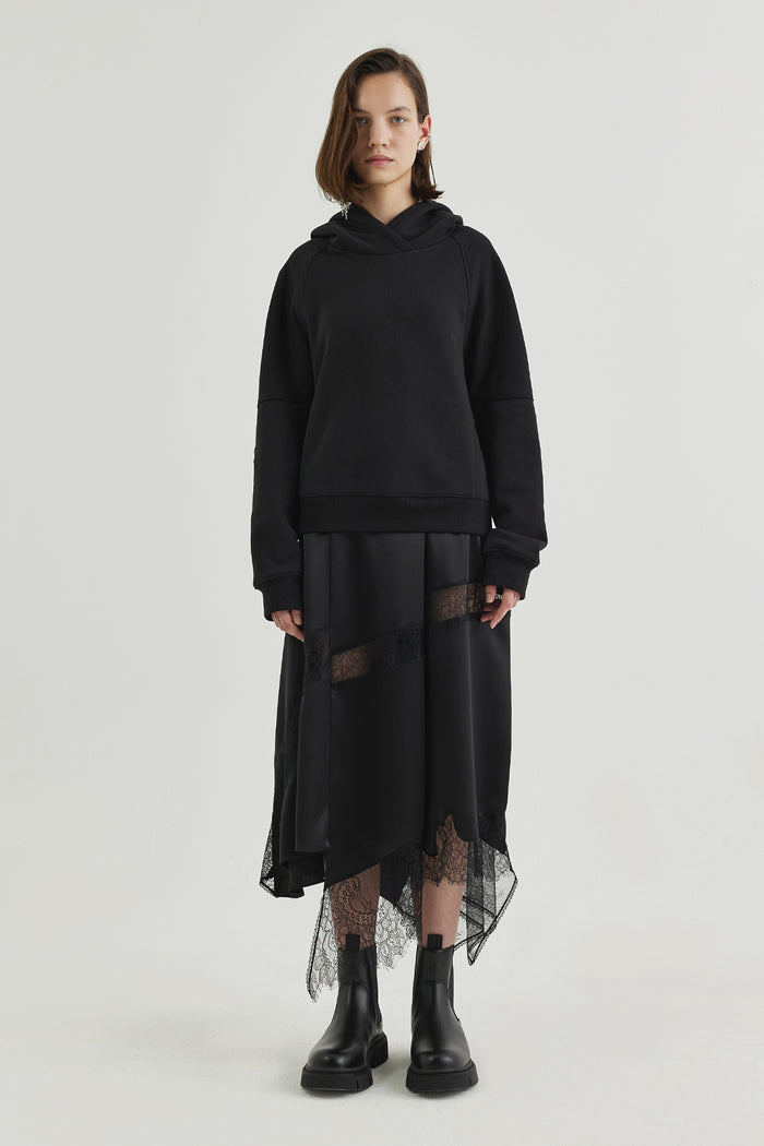 Goen.j Hooded Dress With An Overlay Of Lace-trimmed Charmeuse Skirt BLACK